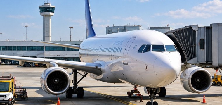 Passenger airplane at an airport terminal