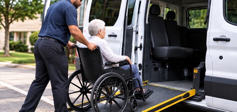 Driver assisting a wheelchair passenger into an accessible van